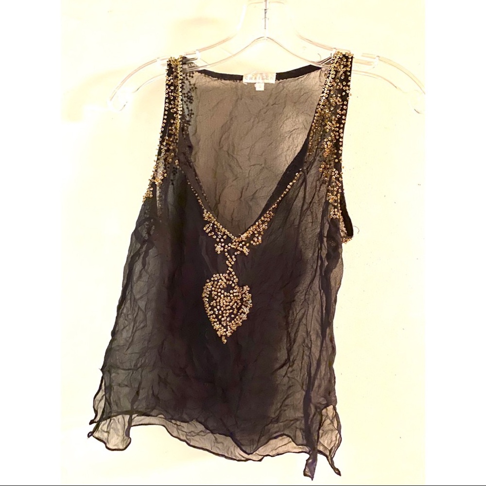 Chaiken Black Silk Sheer Beaded Tank Top